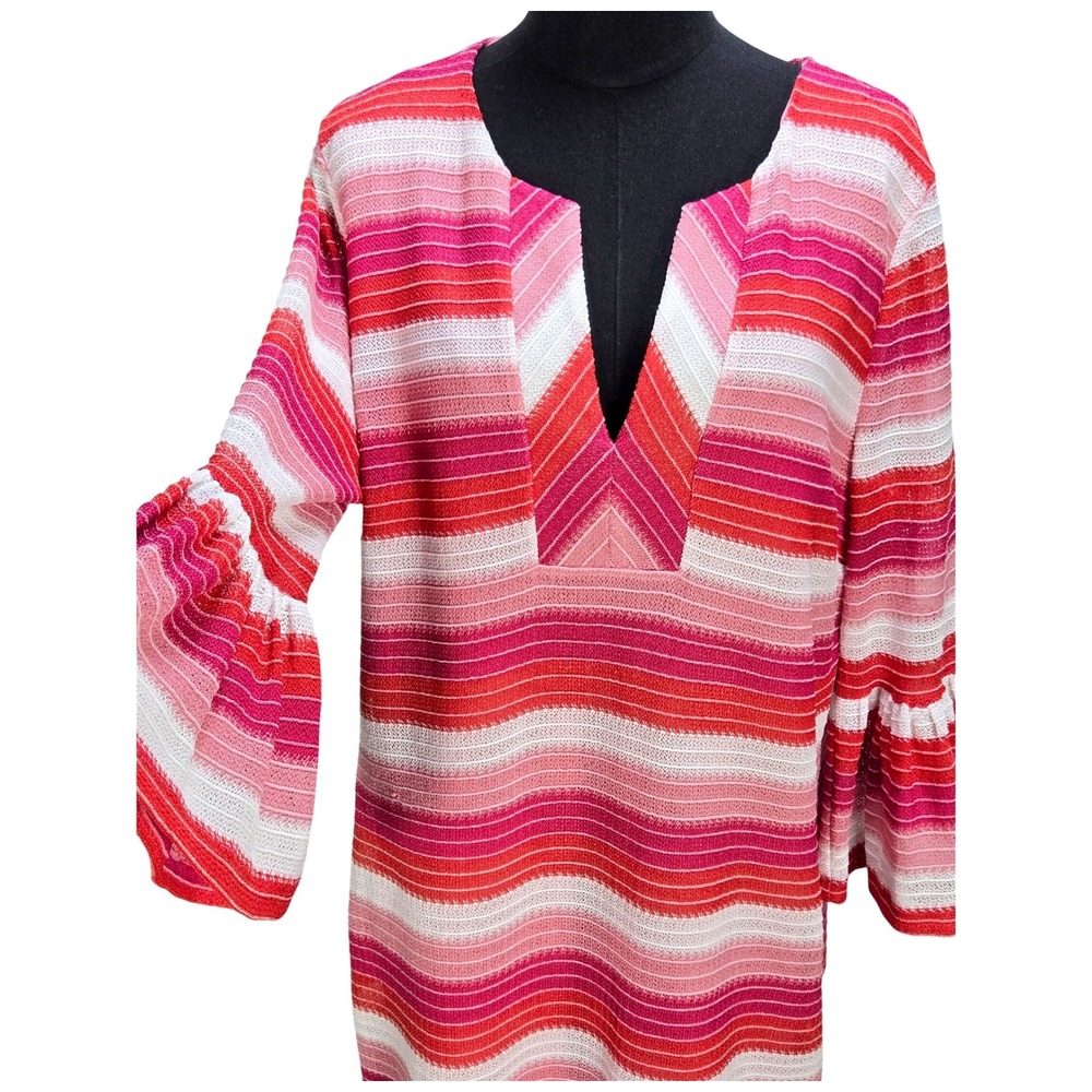 Women's Trina Turk 14 Pink Striped Bell Sleeve V-Neck Knit Shift Dress Resort